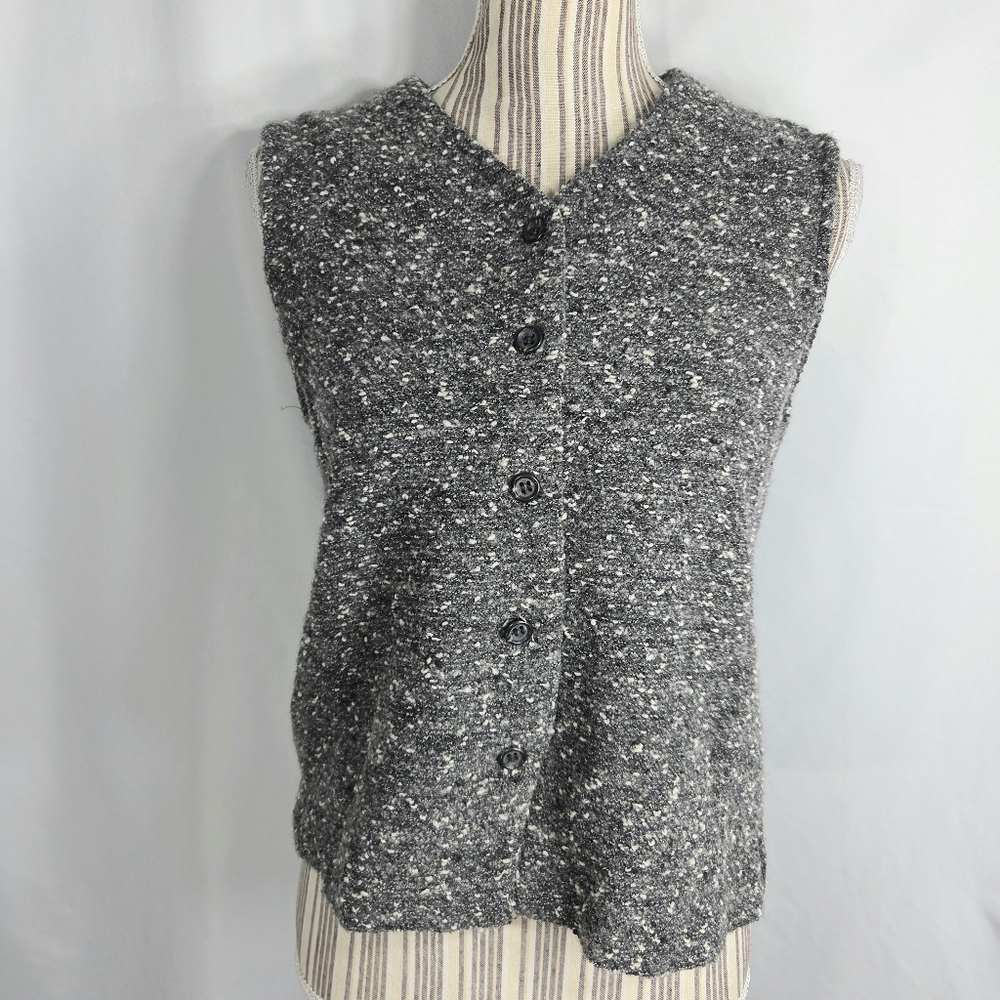 Ann Freedberg Grey & White Nubby V Neck Sleeveless Button Down Vest Size Medium